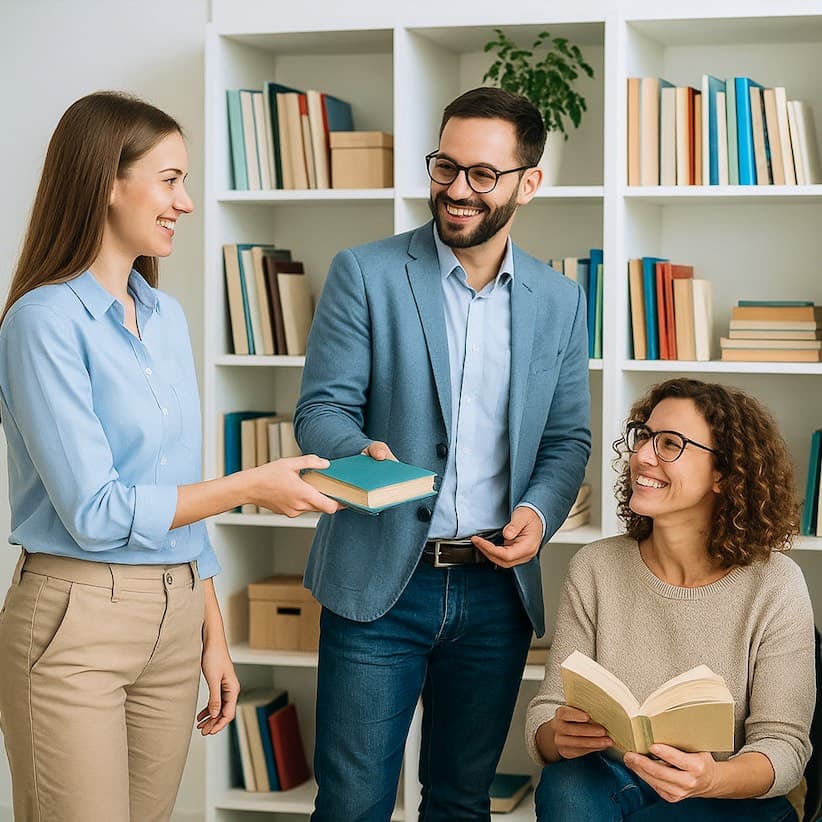 Team discussing books in an office library